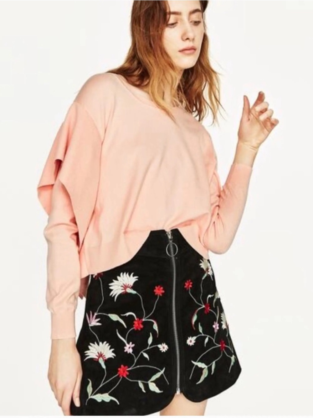 Zara Blush Pink Ruffle Sleeve Knit Cropped Sweater Blouse -Small